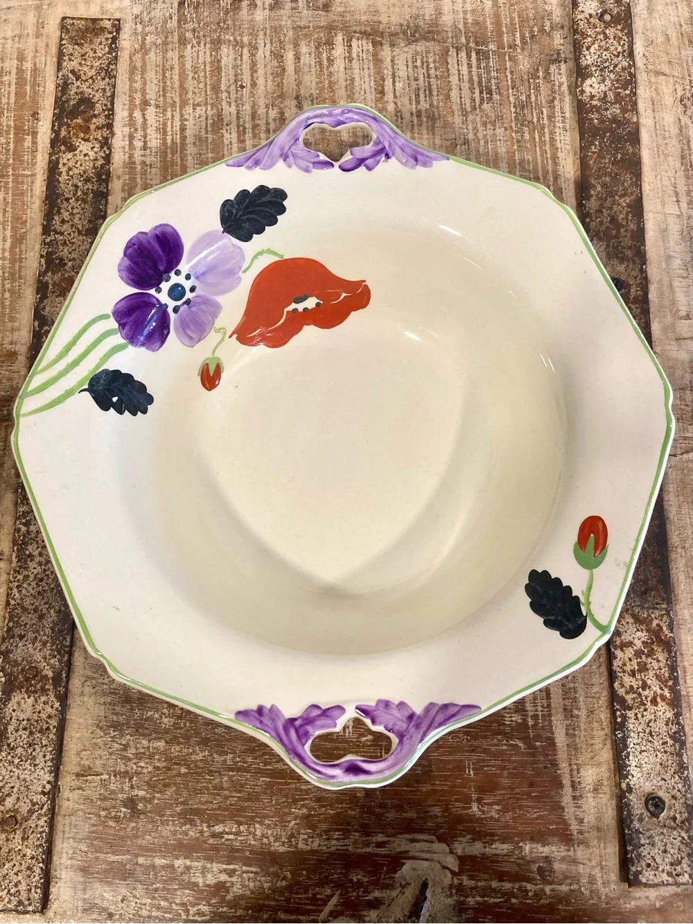 Hand-Painted Floral Ceramic Serving Bowl Purple & Red Flowers Made In England